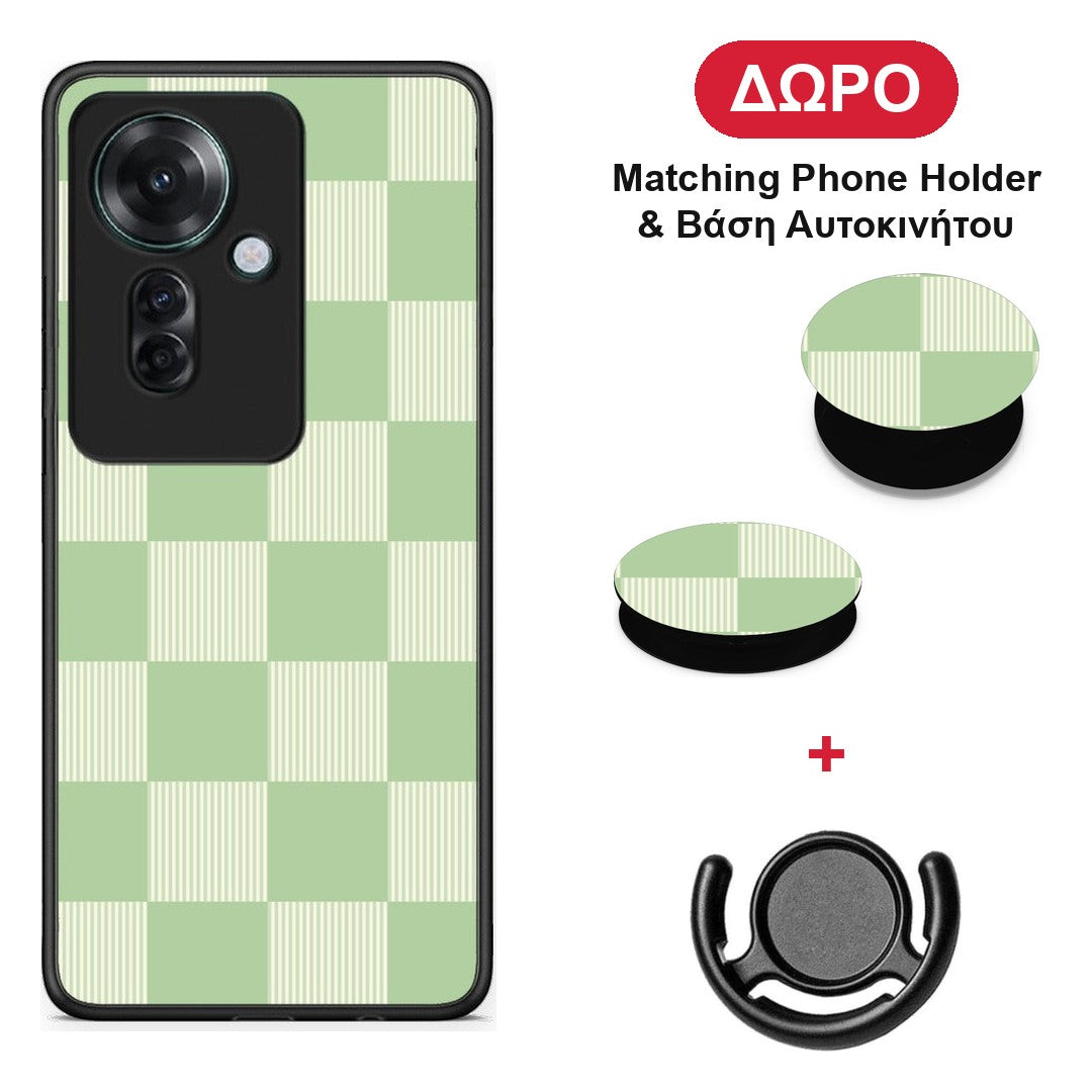 Sage and Cream Striped Checks - Oppo Reno11 F 5G θήκη + Δώρο Phone Holder & Βάση Αυτοκινήτου