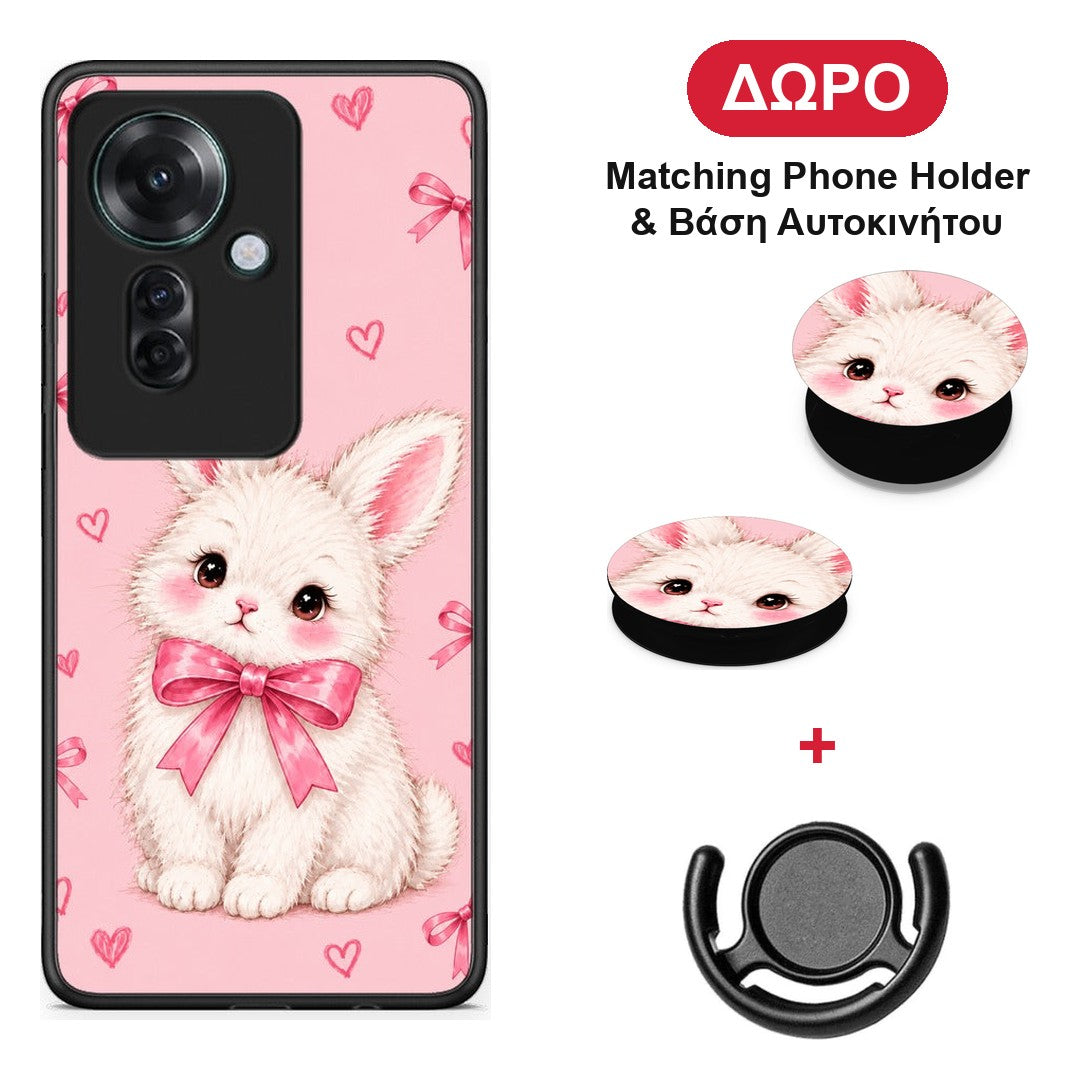 White Bunny and Pink Bows - Oppo Reno11 F 5G θήκη + Δώρο Phone Holder & Βάση Αυτοκινήτου