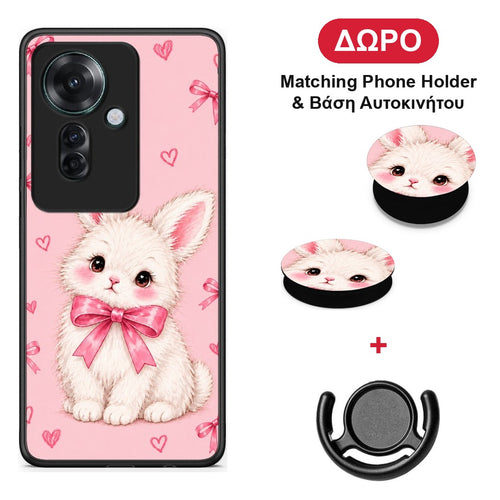 White Bunny and Pink Bows - Oppo Reno11 F 5G θήκη + Δώρο Phone Holder & Βάση Αυτοκινήτου