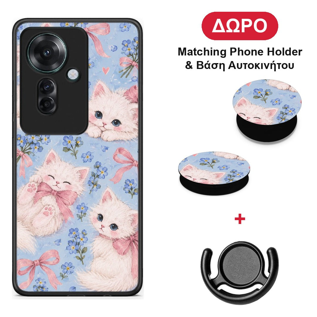 White Kittens and Blue Flowers Large - Oppo Reno11 F 5G θήκη + Δώρο Phone Holder & Βάση Αυτοκινήτου