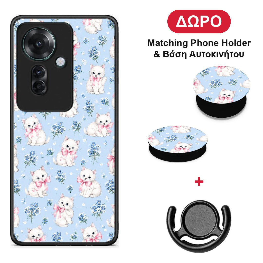 White Kittens and Blue Flowers Small - Oppo Reno11 F 5G θήκη + Δώρο Phone Holder & Βάση Αυτοκινήτου