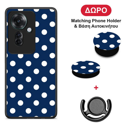 White Large Polka Dots on Navy - Oppo Reno11 F 5G θήκη + Δώρο Phone Holder & Βάση Αυτοκινήτου