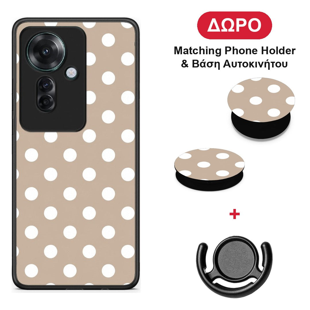 White Polka Dots on Taupe - Oppo Reno11 F 5G θήκη + Δώρο Phone Holder & Βάση Αυτοκινήτου