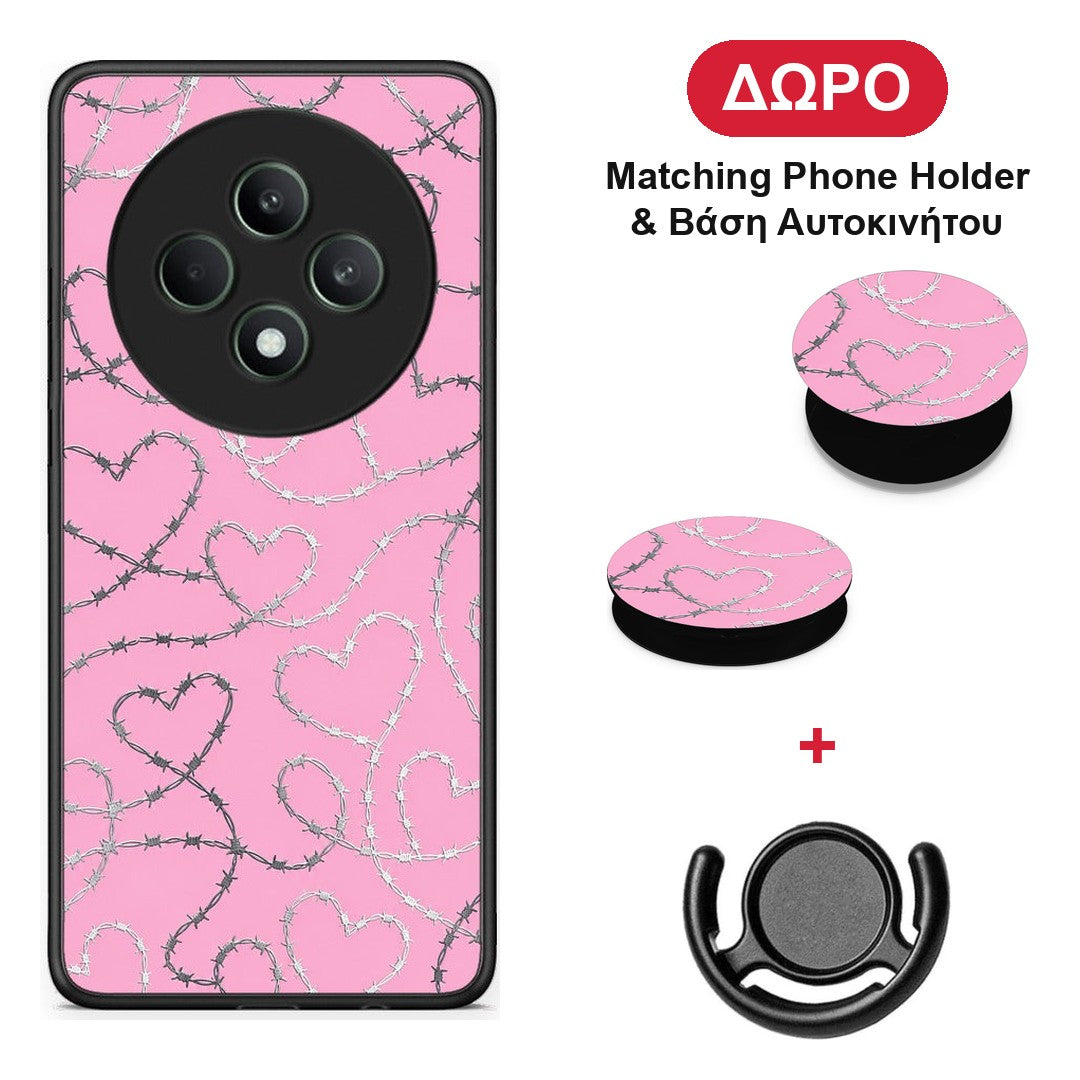 Barbed Wire Hearts on Pink - Oppo Reno12 F 5G / FS 5G θήκη + Δώρο Phone Holder & Βάση Αυτοκινήτου