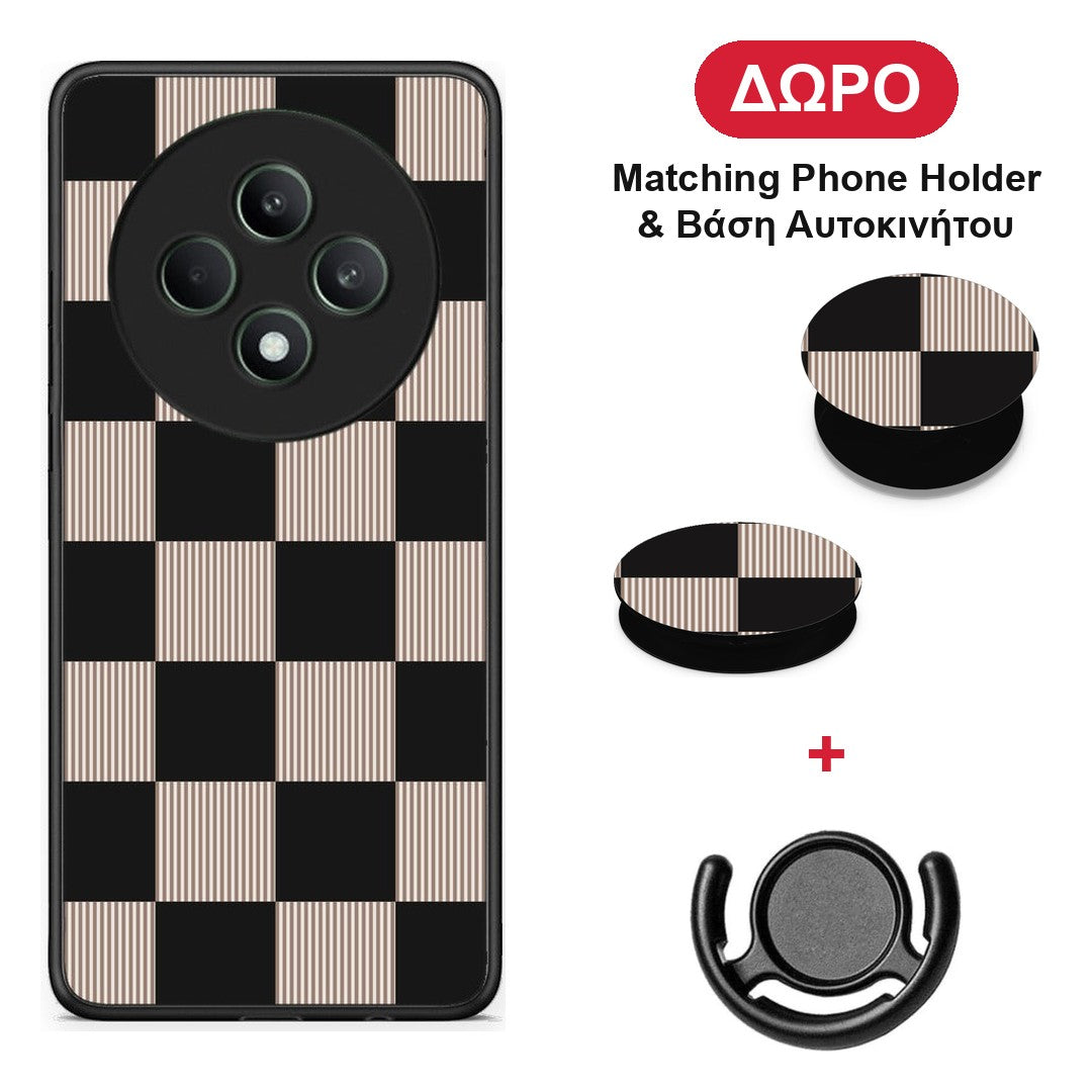 Black and Taupe Striped Checks - Oppo Reno12 F 5G / FS 5G θήκη + Δώρο Phone Holder & Βάση Αυτοκινήτου