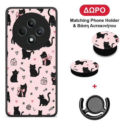 Black Cat Doodles on Pink - Oppo Reno12 F 5G / FS 5G θήκη + Δώρο Phone Holder & Βάση Αυτοκινήτου