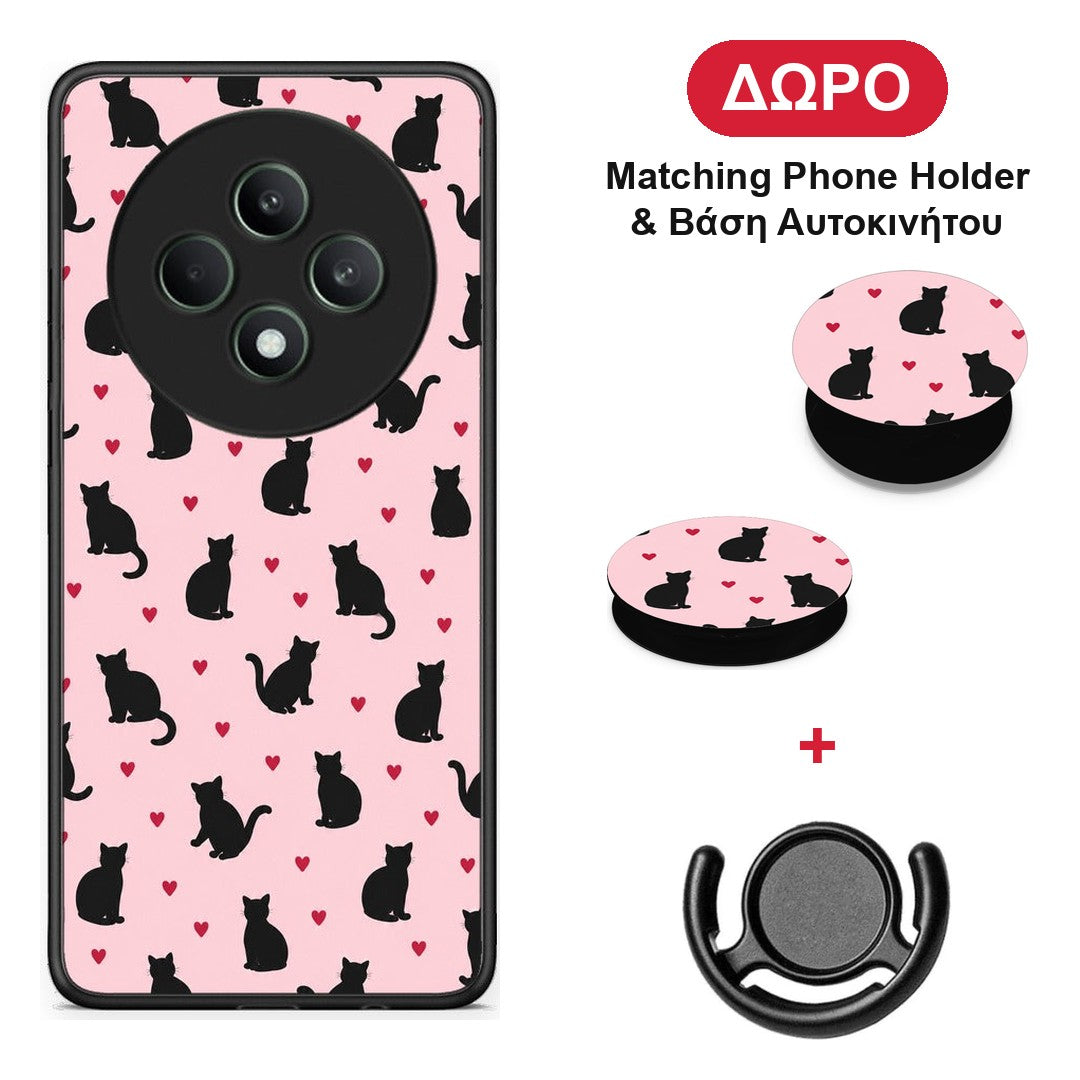 Black Cat Silhouettes and Hearts on Pink - Oppo Reno12 F 5G / FS 5G θήκη + Δώρο Phone Holder & Βάση Αυτοκινήτου