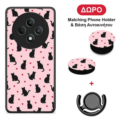 Black Cat Silhouettes and Hearts on Pink - Oppo Reno12 F 5G / FS 5G θήκη + Δώρο Phone Holder & Βάση Αυτοκινήτου