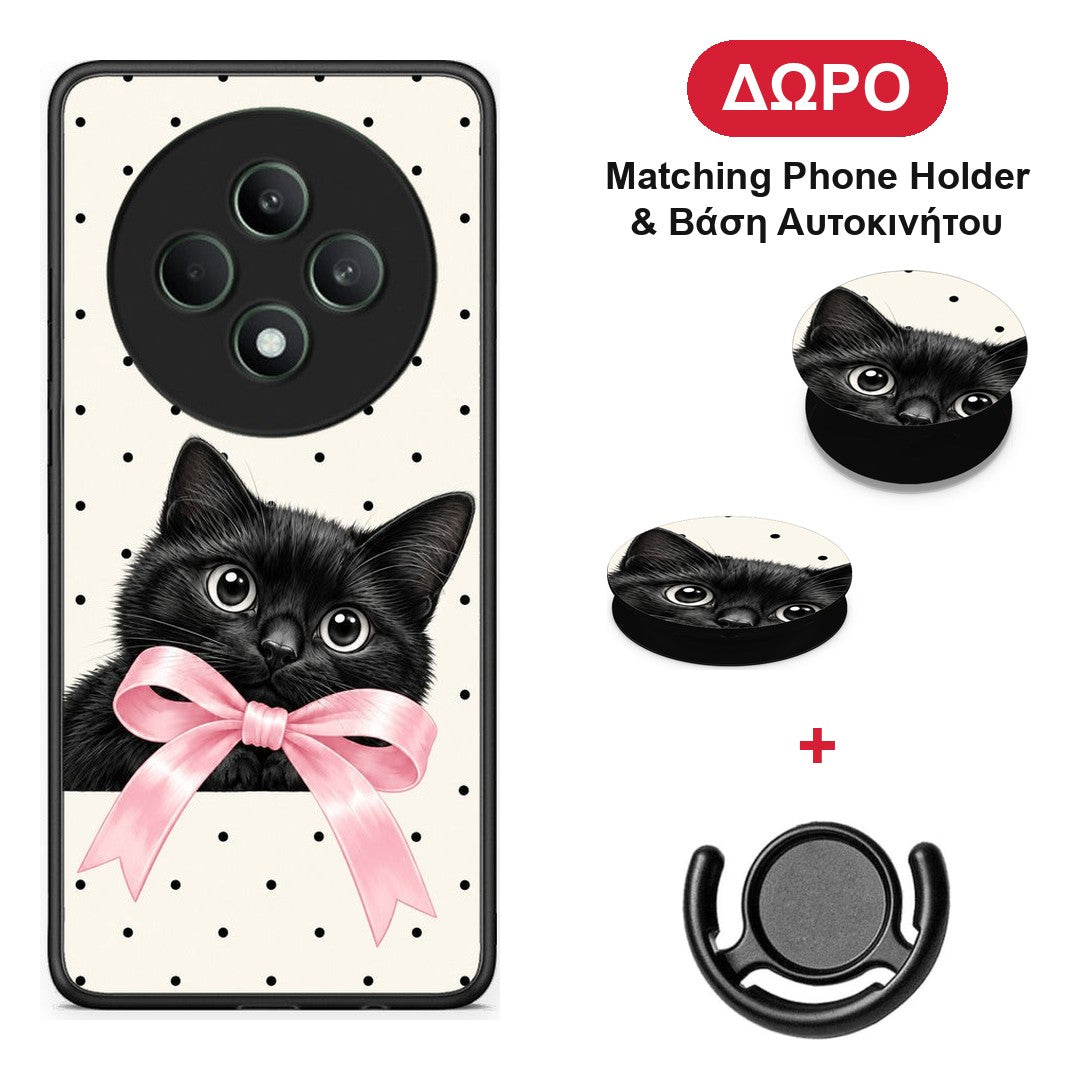 Black Kitten Pink Bow and Polka Dots - Oppo Reno12 F 5G / FS 5G θήκη + Δώρο Phone Holder & Βάση Αυτοκινήτου