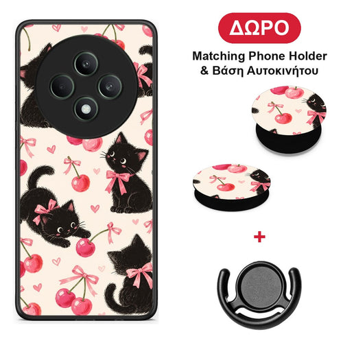 Black Kittens and Cherries on Cream - Oppo Reno12 F 5G / FS 5G θήκη + Δώρο Phone Holder & Βάση Αυτοκινήτου