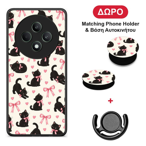 Black Kittens and Pink Bows on Cream Small - Oppo Reno12 F 5G / FS 5G θήκη + Δώρο Phone Holder & Βάση Αυτοκινήτου