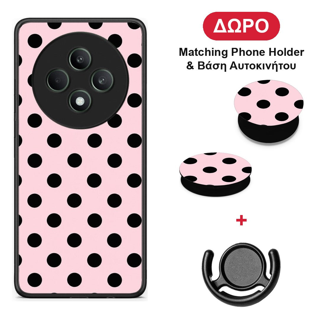 Black Polka Dots on Pink - Oppo Reno12 F 5G / FS 5G θήκη + Δώρο Phone Holder & Βάση Αυτοκινήτου