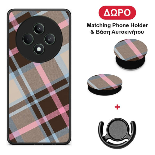 Brown Pink and Blue Diagonal Plaid - Oppo Reno12 F 5G / FS 5G θήκη + Δώρο Phone Holder & Βάση Αυτοκινήτου