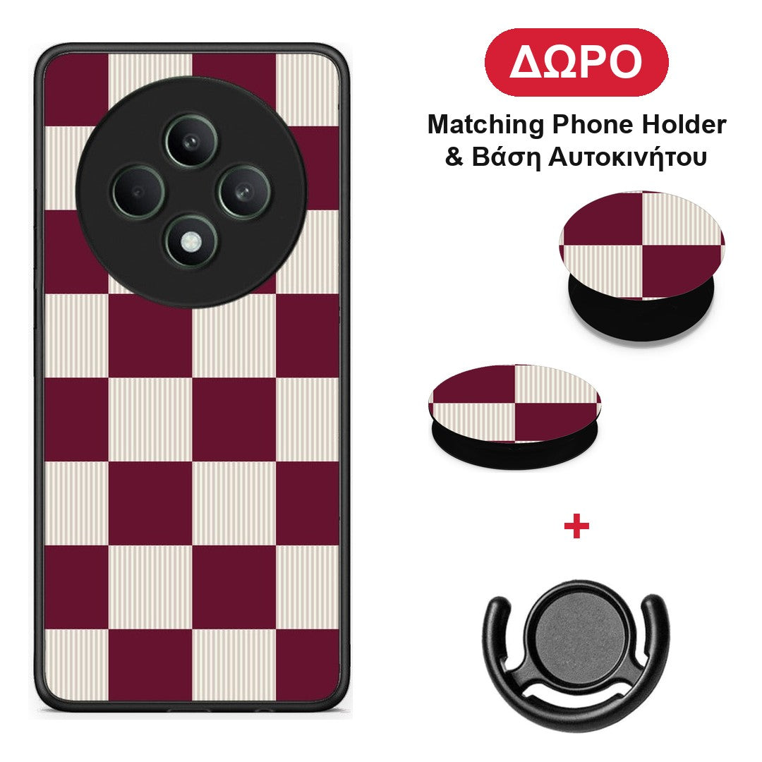 Burgundy and Cream Striped Checks - Oppo Reno12 F 5G / FS 5G θήκη + Δώρο Phone Holder & Βάση Αυτοκινήτου
