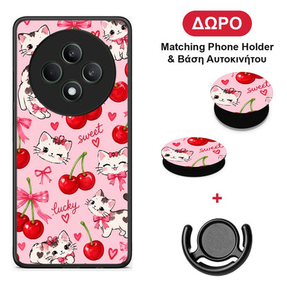 Cherries Bows and Kittens on Pink - Oppo Reno12 F 5G / FS 5G θήκη + Δώρο Phone Holder & Βάση Αυτοκινήτου