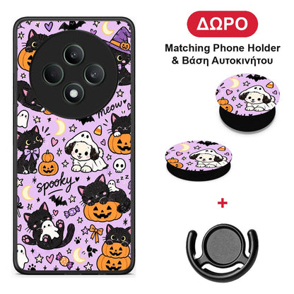 Halloween Black Cats on Lilac - Oppo Reno12 F 5G / FS 5G θήκη + Δώρο Phone Holder & Βάση Αυτοκινήτου