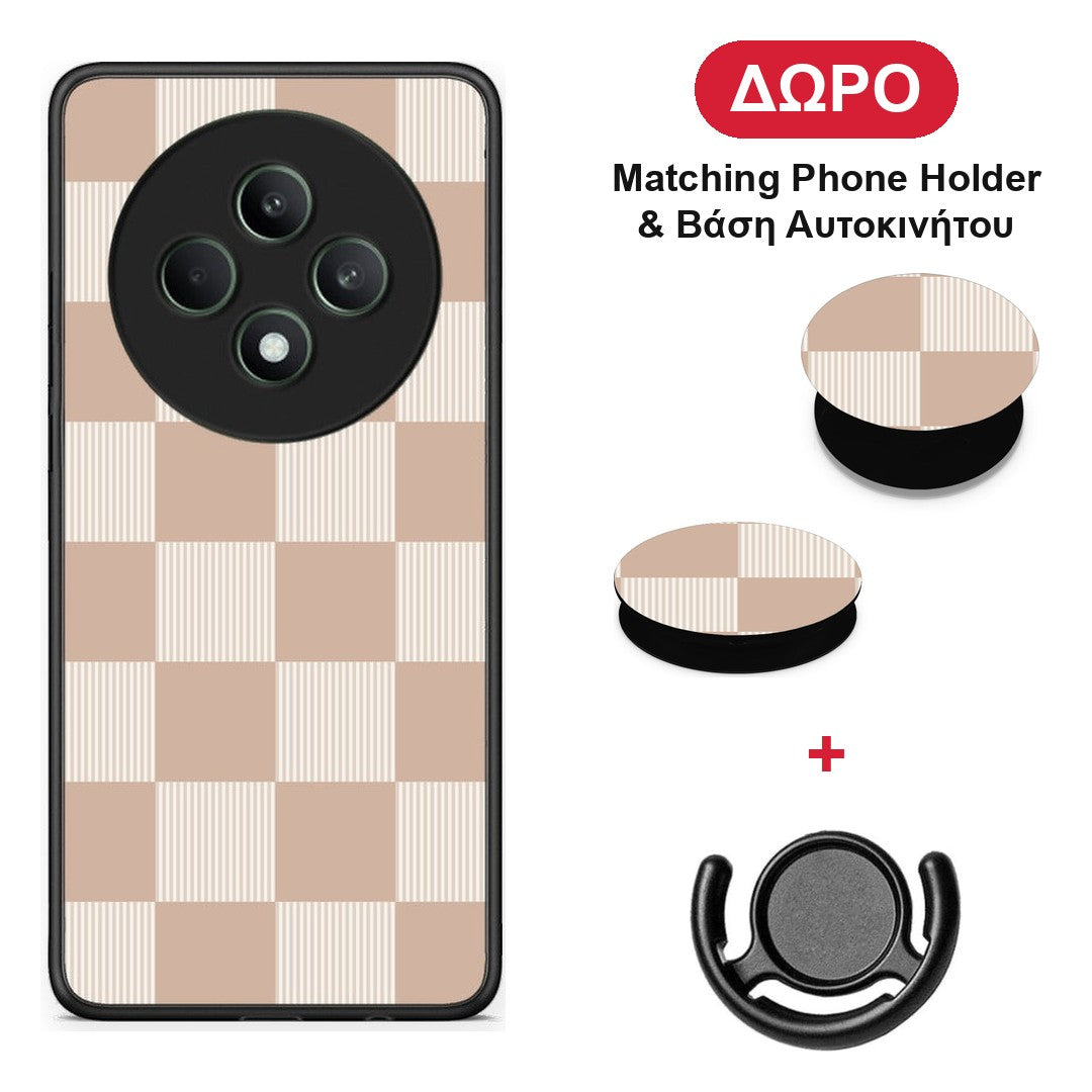 Latte and Cream Striped Checks - Oppo Reno12 F 5G / FS 5G θήκη + Δώρο Phone Holder & Βάση Αυτοκινήτου