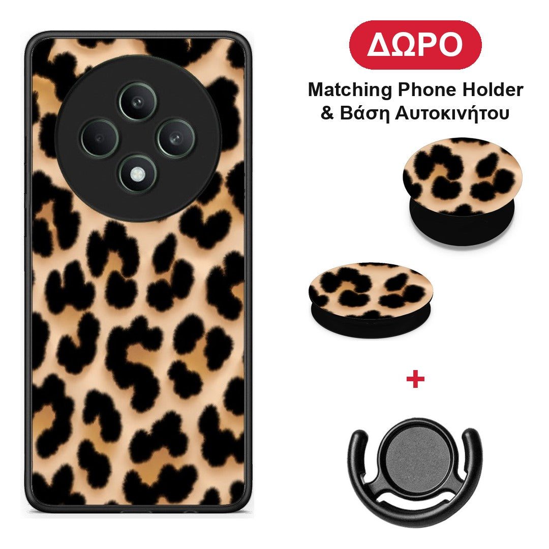 Leopard Print Tan Large - Oppo Reno12 F 5G / FS 5G θήκη + Δώρο Phone Holder & Βάση Αυτοκινήτου