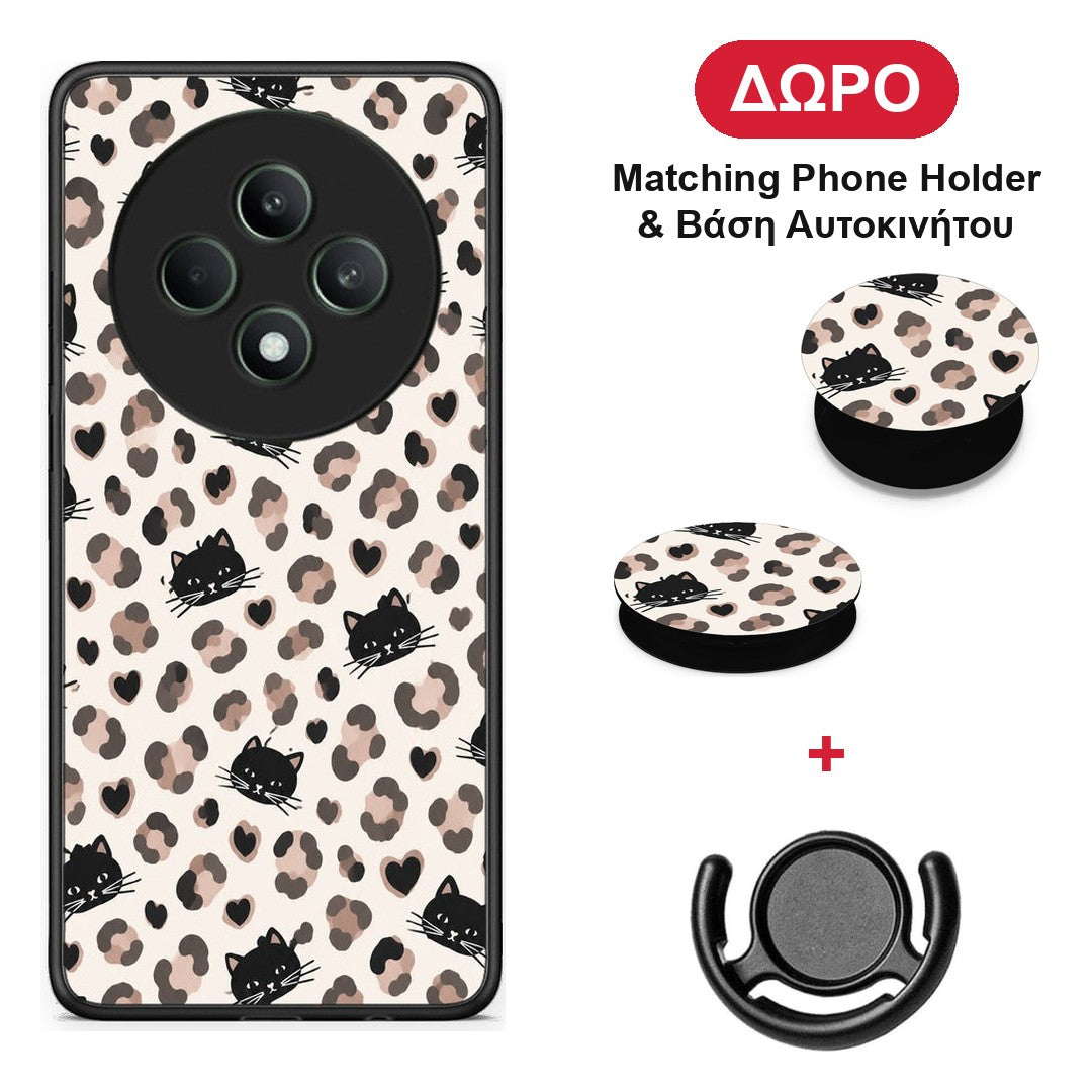 Leopard Spots and Black Cats on Cream - Oppo Reno12 F 5G / FS 5G θήκη + Δώρο Phone Holder & Βάση Αυτοκινήτου