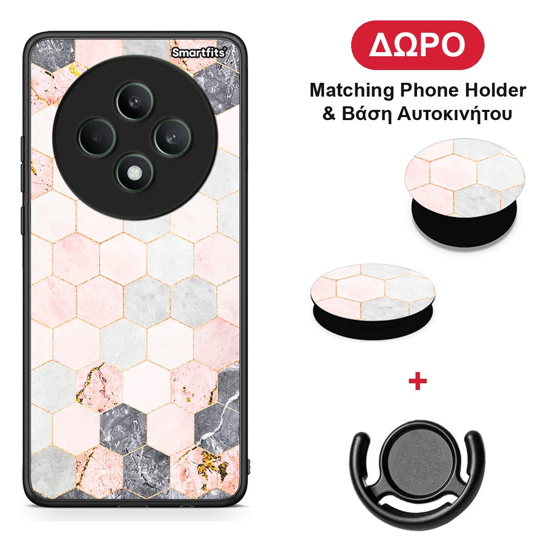 Marble Hexagon Pink - Oppo Reno12 F 5G / FS 5G θήκη + Δώρο Phone Holder & Βάση Αυτοκινήτου