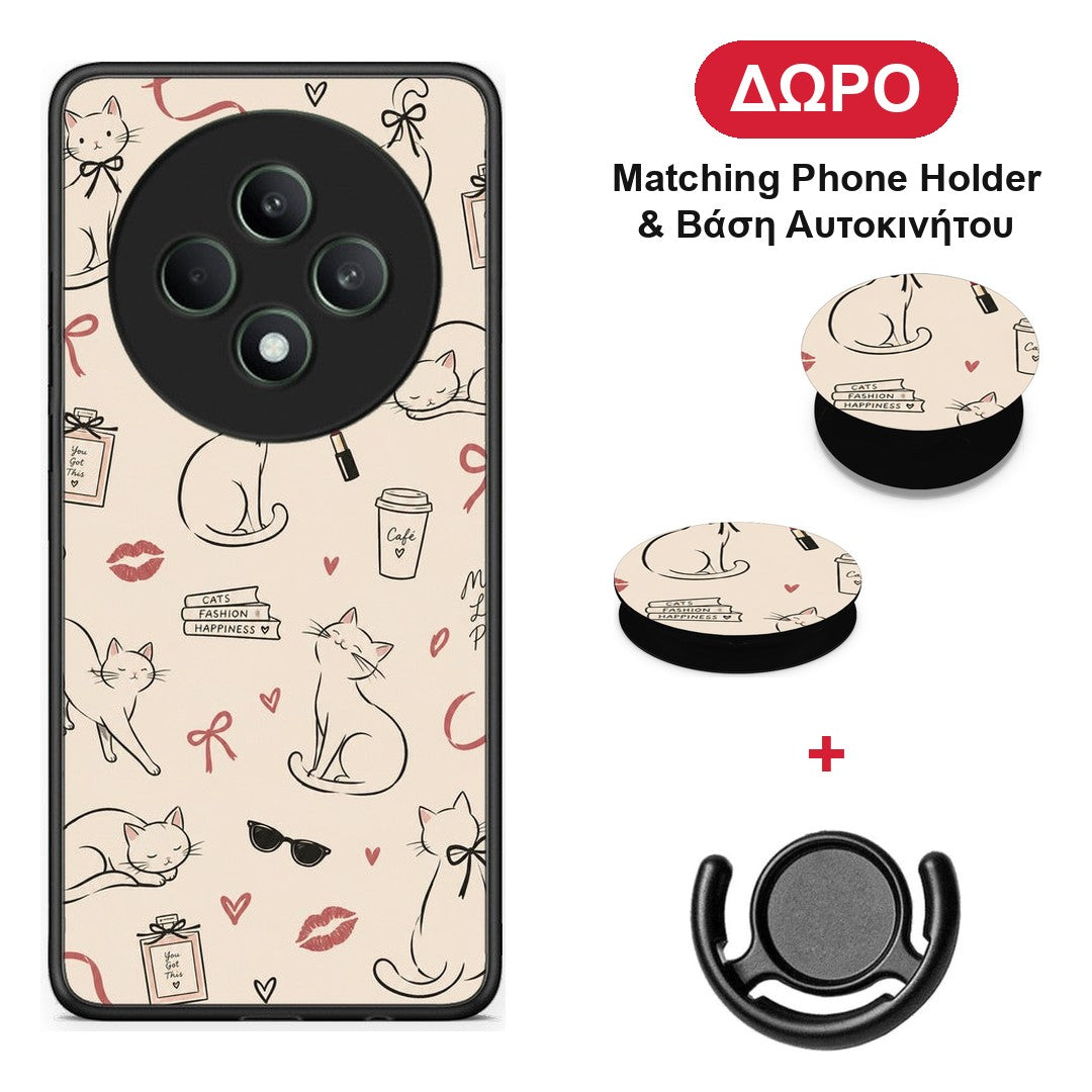 Minimal Cat and Fashion Doodles on Cream - Oppo Reno12 F 5G / FS 5G θήκη + Δώρο Phone Holder & Βάση Αυτοκινήτου
