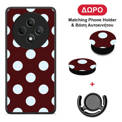 Pale Blue Large Polka Dots on Burgundy - Oppo Reno12 F 5G / FS 5G θήκη + Δώρο Phone Holder & Βάση Αυτοκινήτου