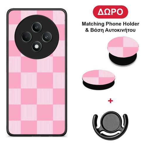 Pink and White Striped Checks - Oppo Reno12 F 5G / FS 5G θήκη + Δώρο Phone Holder & Βάση Αυτοκινήτου