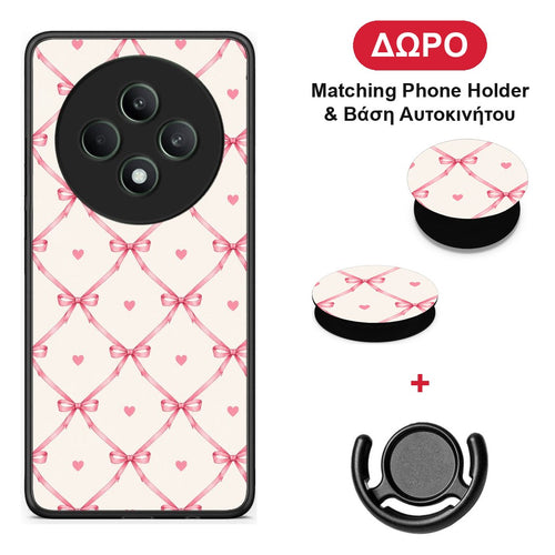 Pink Bow Lattice and Hearts on Cream - Oppo Reno12 F 5G / FS 5G θήκη + Δώρο Phone Holder & Βάση Αυτοκινήτου