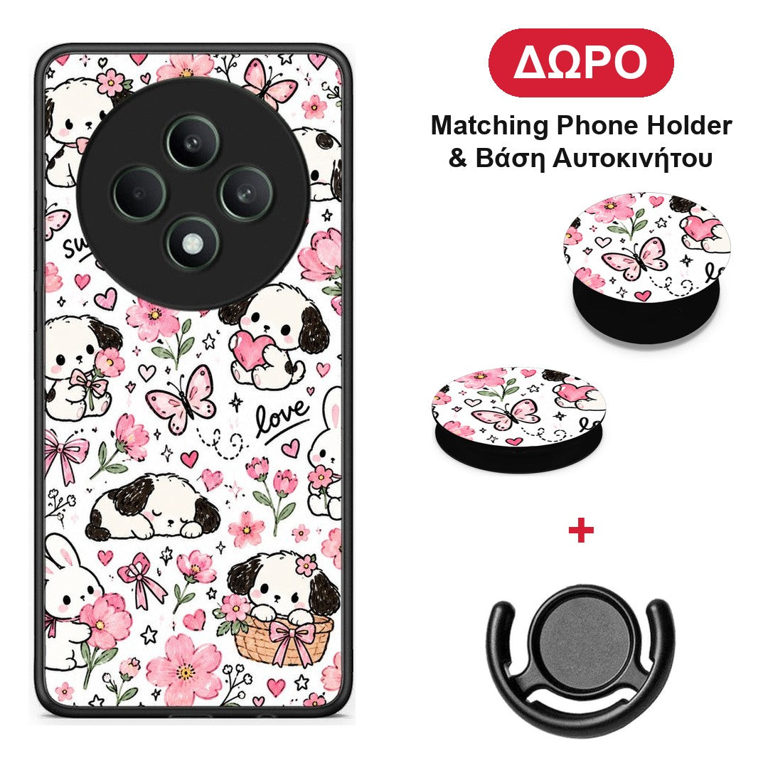 Pink Florals Puppies and Bunnies on White - Oppo Reno12 F 5G / FS 5G θήκη + Δώρο Phone Holder & Βάση Αυτοκινήτου
