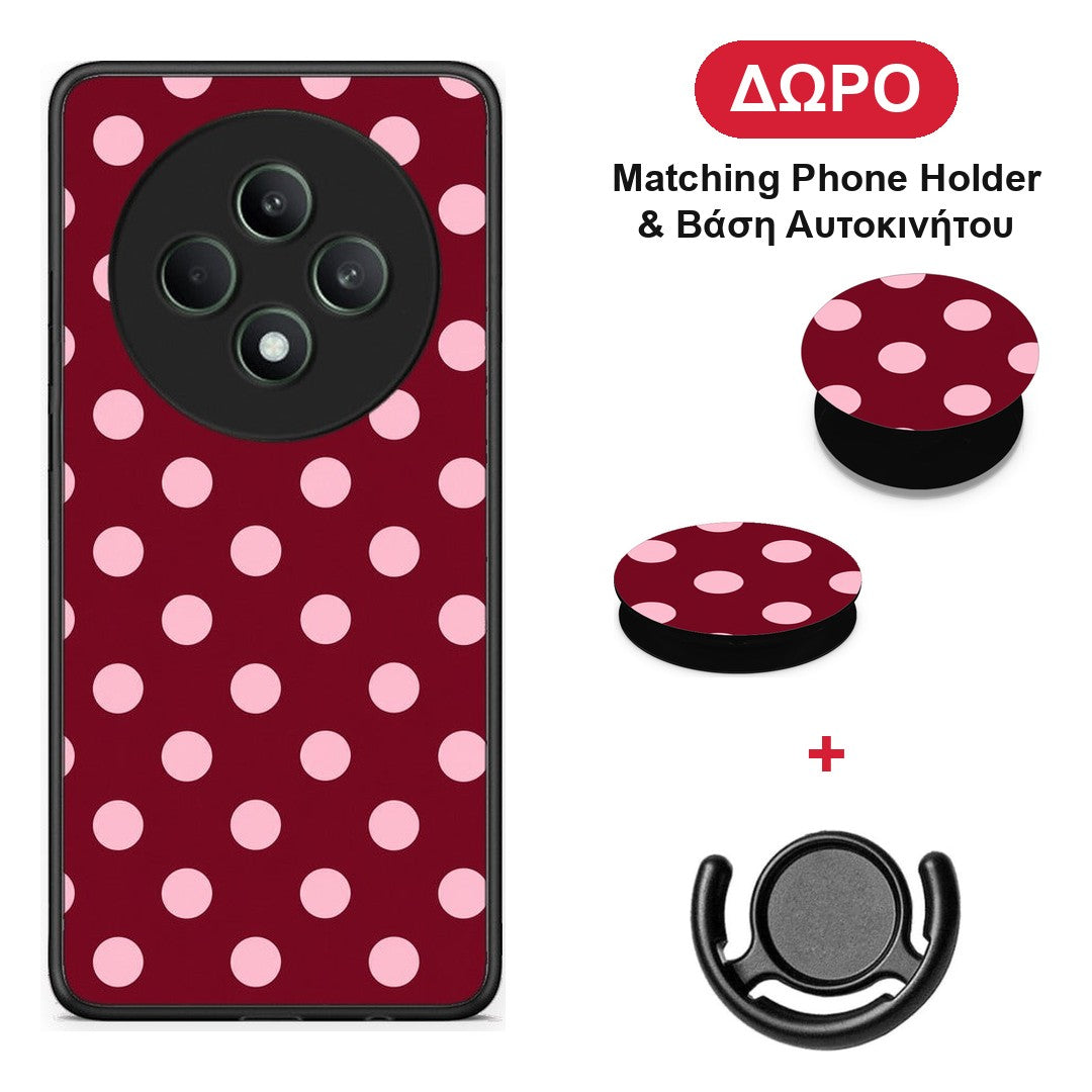 Pink Polka Dots on Burgundy - Oppo Reno12 F 5G / FS 5G θήκη + Δώρο Phone Holder & Βάση Αυτοκινήτου