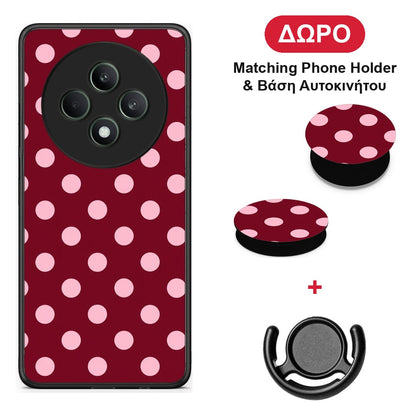 Pink Polka Dots on Burgundy - Oppo Reno12 F 5G / FS 5G θήκη + Δώρο Phone Holder & Βάση Αυτοκινήτου