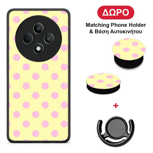Pink Polka Dots on Yellow - Oppo Reno12 F 5G / FS 5G θήκη + Δώρο Phone Holder & Βάση Αυτοκινήτου