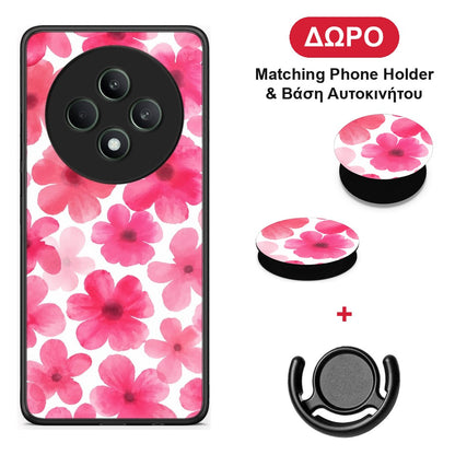 Pink Watercolour Flowers on White - Oppo Reno12 F 5G / FS 5G θήκη + Δώρο Phone Holder & Βάση Αυτοκινήτου