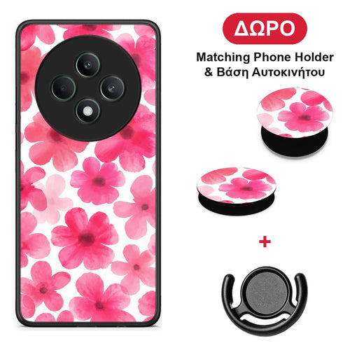 Pink Watercolour Flowers on White - Oppo Reno12 F 5G / FS 5G θήκη + Δώρο Phone Holder & Βάση Αυτοκινήτου
