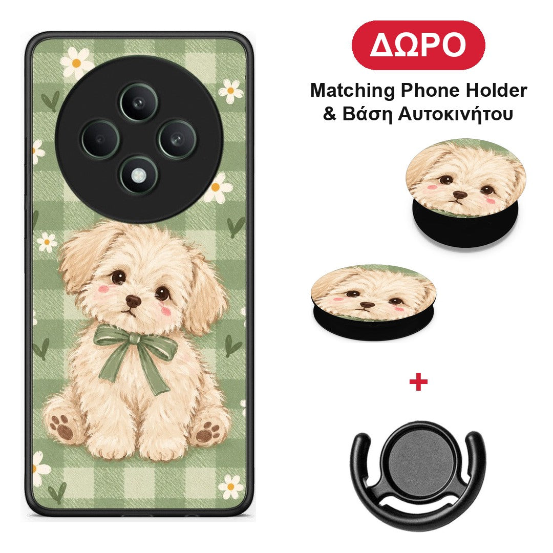 Puppy and Daisies on Sage Gingham - Oppo Reno12 F 5G / FS 5G θήκη + Δώρο Phone Holder & Βάση Αυτοκινήτου