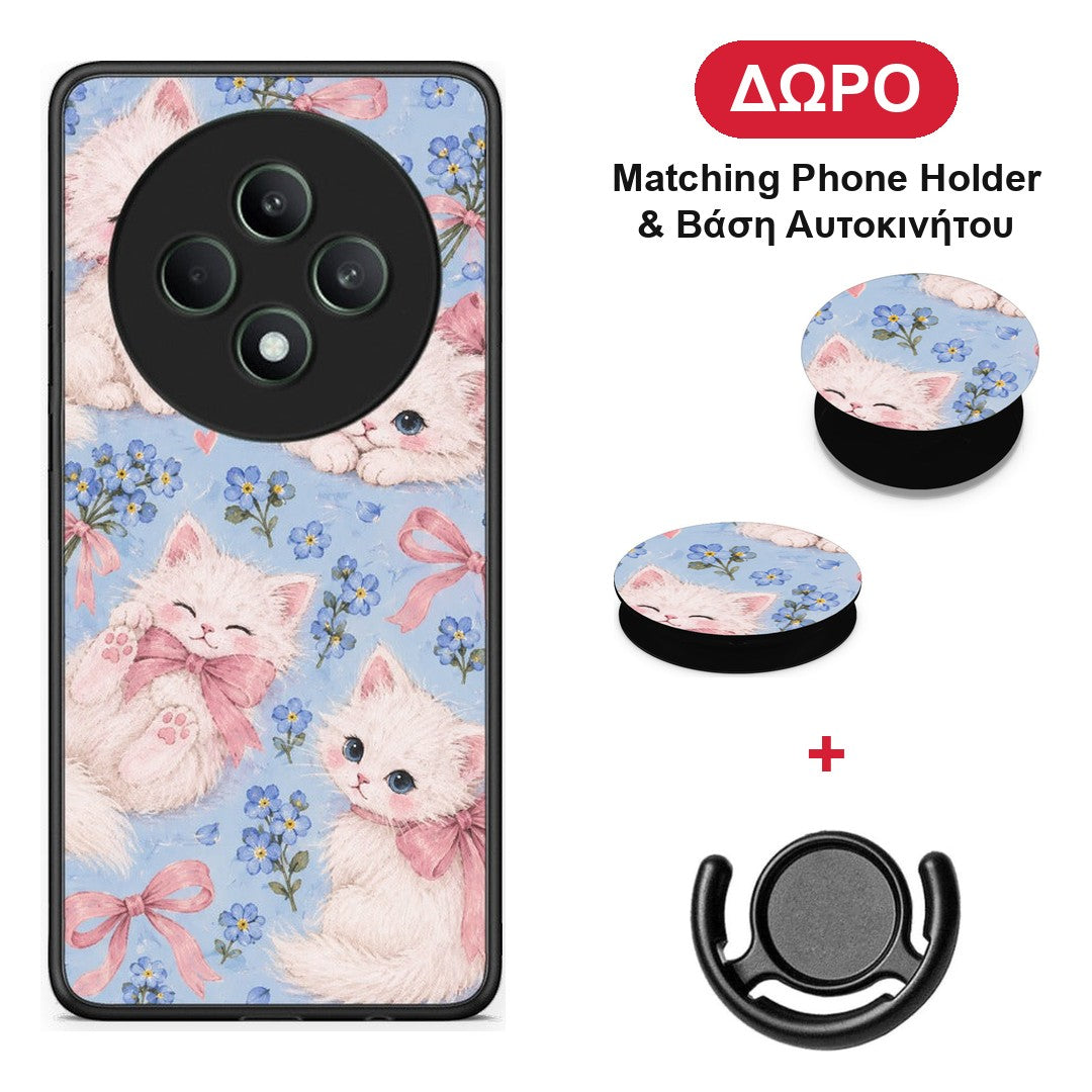 White Kittens and Blue Flowers Large - Oppo Reno12 F 5G / FS 5G θήκη + Δώρο Phone Holder & Βάση Αυτοκινήτου