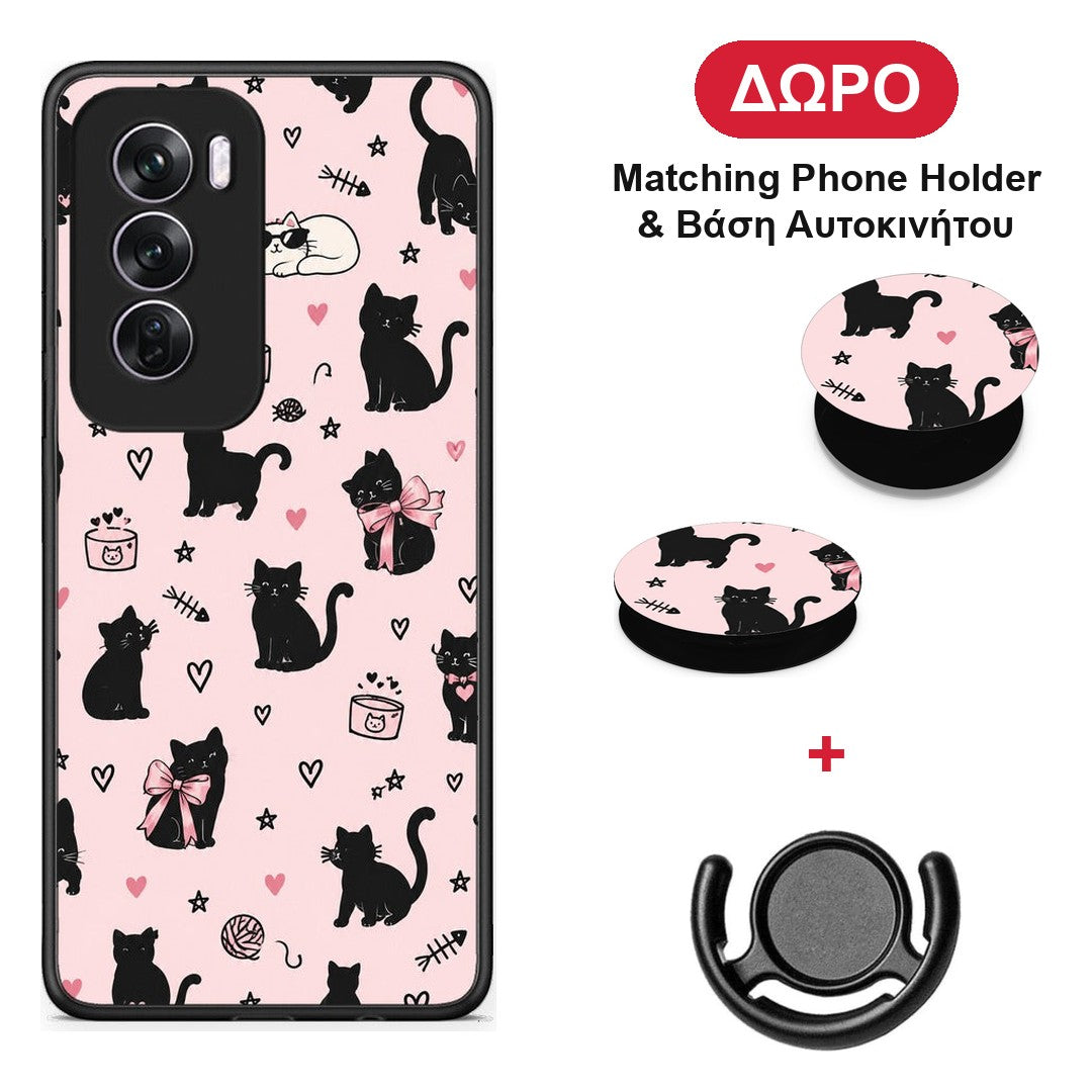 Black Cat Doodles on Pink - Oppo Reno12 Pro θήκη + Δώρο Phone Holder & Βάση Αυτοκινήτου