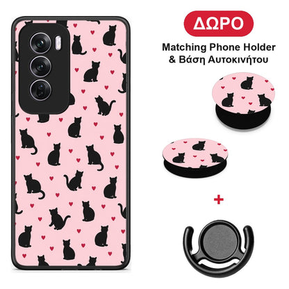 Black Cat Silhouettes and Hearts on Pink - Oppo Reno12 Pro θήκη + Δώρο Phone Holder & Βάση Αυτοκινήτου