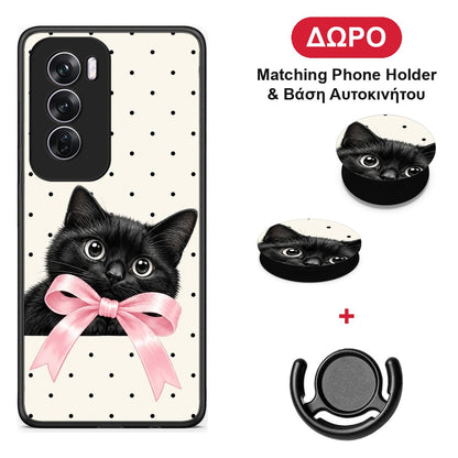 Black Kitten Pink Bow and Polka Dots - Oppo Reno12 Pro θήκη + Δώρο Phone Holder & Βάση Αυτοκινήτου