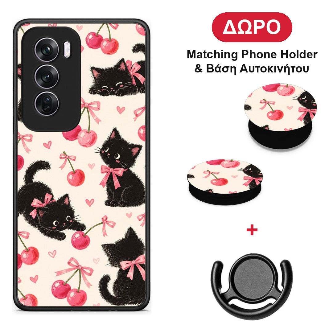 Black Kittens and Cherries on Cream - Oppo Reno12 Pro θήκη + Δώρο Phone Holder & Βάση Αυτοκινήτου