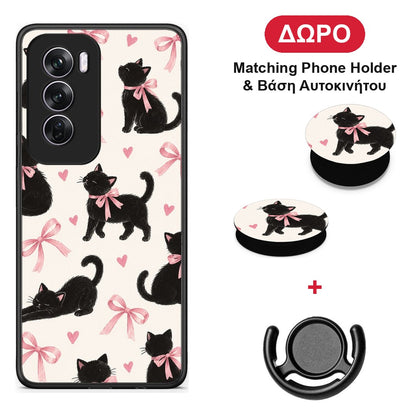 Black Kittens and Pink Bows on Cream Large - Oppo Reno12 Pro θήκη + Δώρο Phone Holder & Βάση Αυτοκινήτου