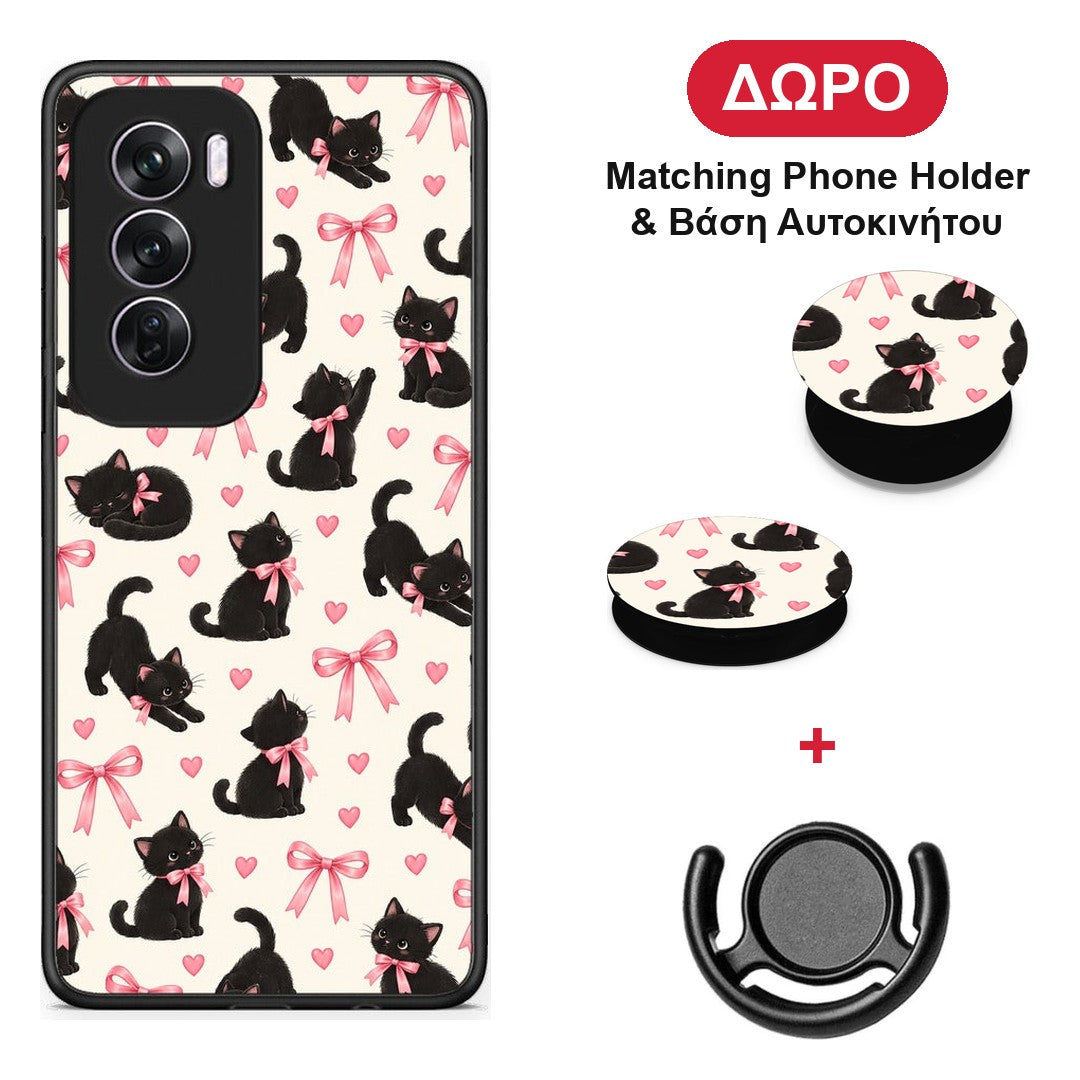 Black Kittens and Pink Bows on Cream Small - Oppo Reno12 Pro θήκη + Δώρο Phone Holder & Βάση Αυτοκινήτου