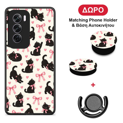 Black Kittens and Pink Bows on Cream Small - Oppo Reno12 Pro θήκη + Δώρο Phone Holder & Βάση Αυτοκινήτου
