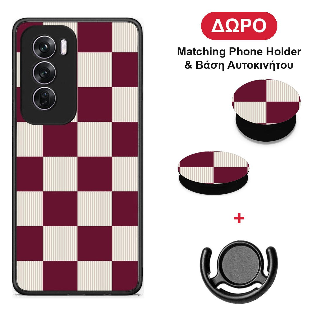 Burgundy and Cream Striped Checks - Oppo Reno12 Pro θήκη + Δώρο Phone Holder & Βάση Αυτοκινήτου
