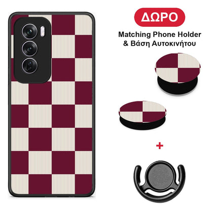 Burgundy and Cream Striped Checks - Oppo Reno12 Pro θήκη + Δώρο Phone Holder & Βάση Αυτοκινήτου