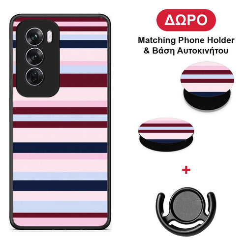 Burgundy Pink and Blue Horizontal Stripes - Oppo Reno12 Pro θήκη + Δώρο Phone Holder & Βάση Αυτοκινήτου