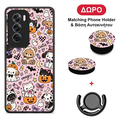 Halloween Cute Animals on Pink - Oppo Reno12 Pro θήκη + Δώρο Phone Holder & Βάση Αυτοκινήτου