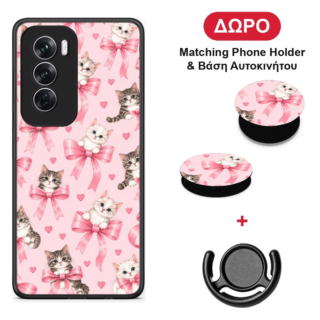 Kittens and Pink Bows on Pink - Oppo Reno12 Pro θήκη + Δώρο Phone Holder & Βάση Αυτοκινήτου