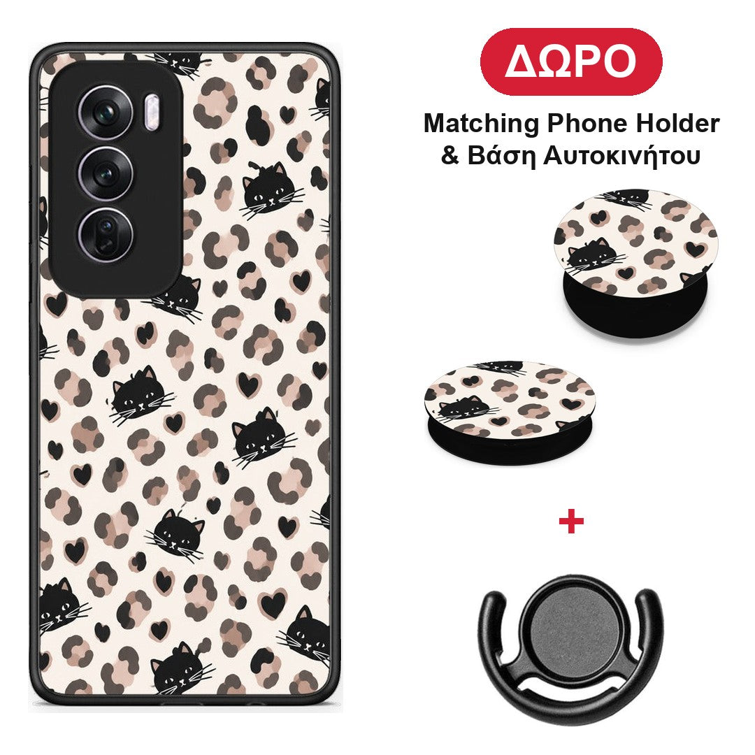 Leopard Spots and Black Cats on Cream - Oppo Reno12 Pro θήκη + Δώρο Phone Holder & Βάση Αυτοκινήτου