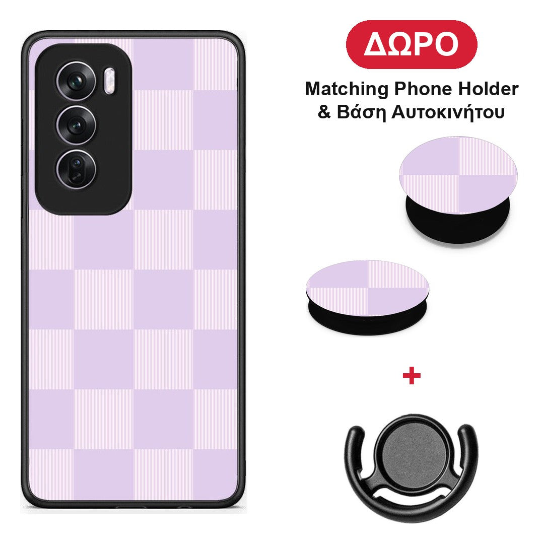 Lilac and Cream Striped Checks - Oppo Reno12 Pro θήκη + Δώρο Phone Holder & Βάση Αυτοκινήτου
